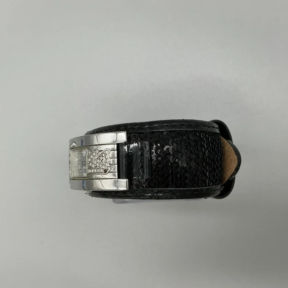 Guess Womens Watch 20mm Silver Tone Black Leather Gem Logo Cuff New Battery